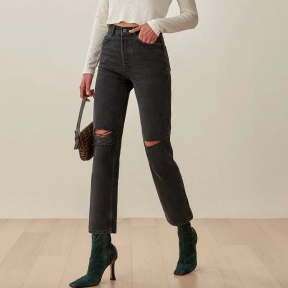 REFORMATION Cynthia High Rise Straight Jeans Black Lagoon Destroyed Size 25 - Picture 2 of 13